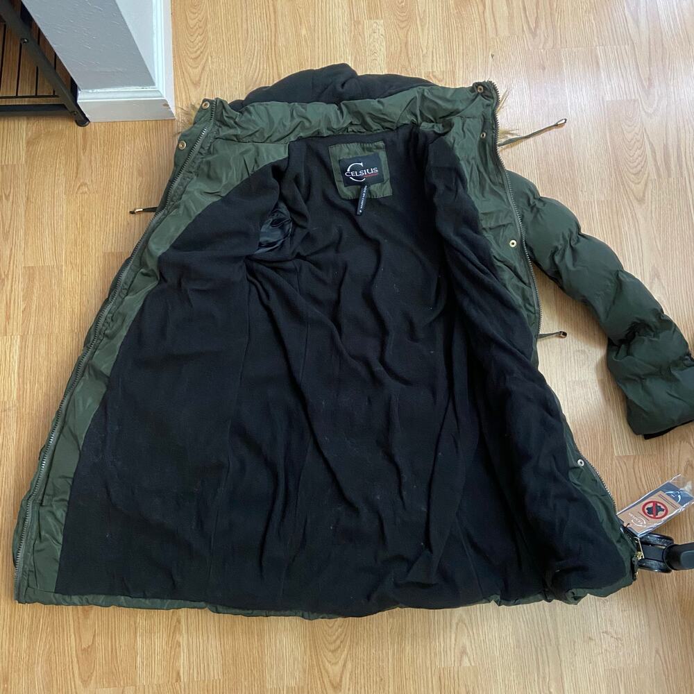 Celsius Green Hooded Puffer Coat With Fleece Lining & Gold Trim, Sz M--NWT - Picture 2 of 10